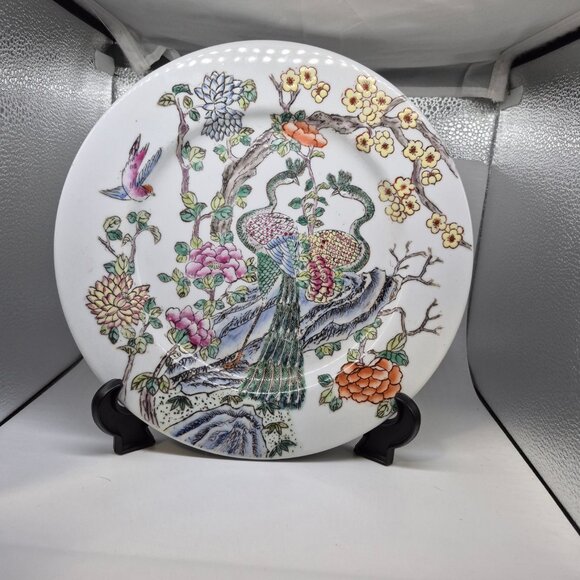 VINTAGE Republic of China Peacock Floral Paineted PLATE 10.5" - Picture 2 of 5